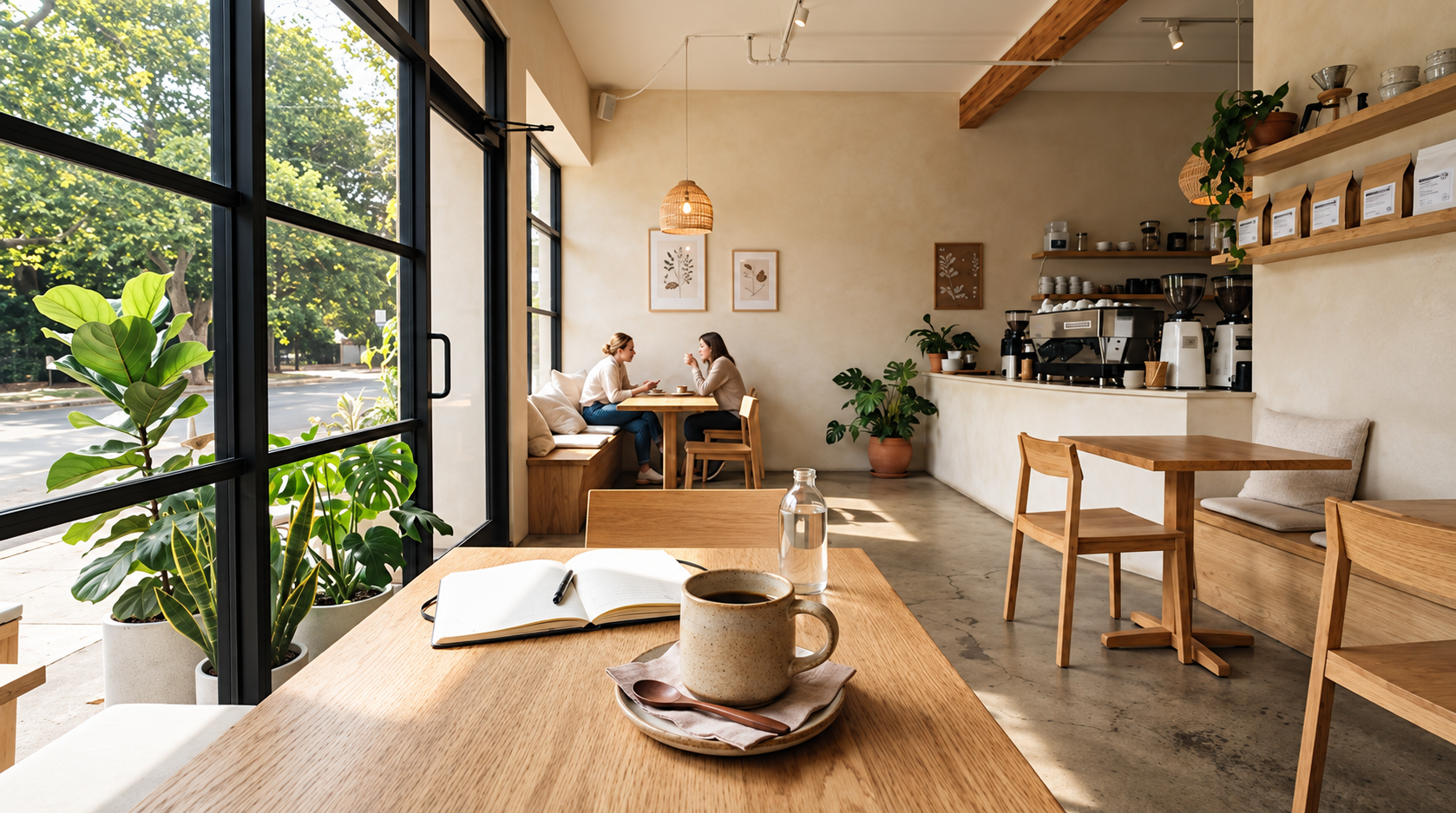 Warm sunlit Morning Roast cafe interior
