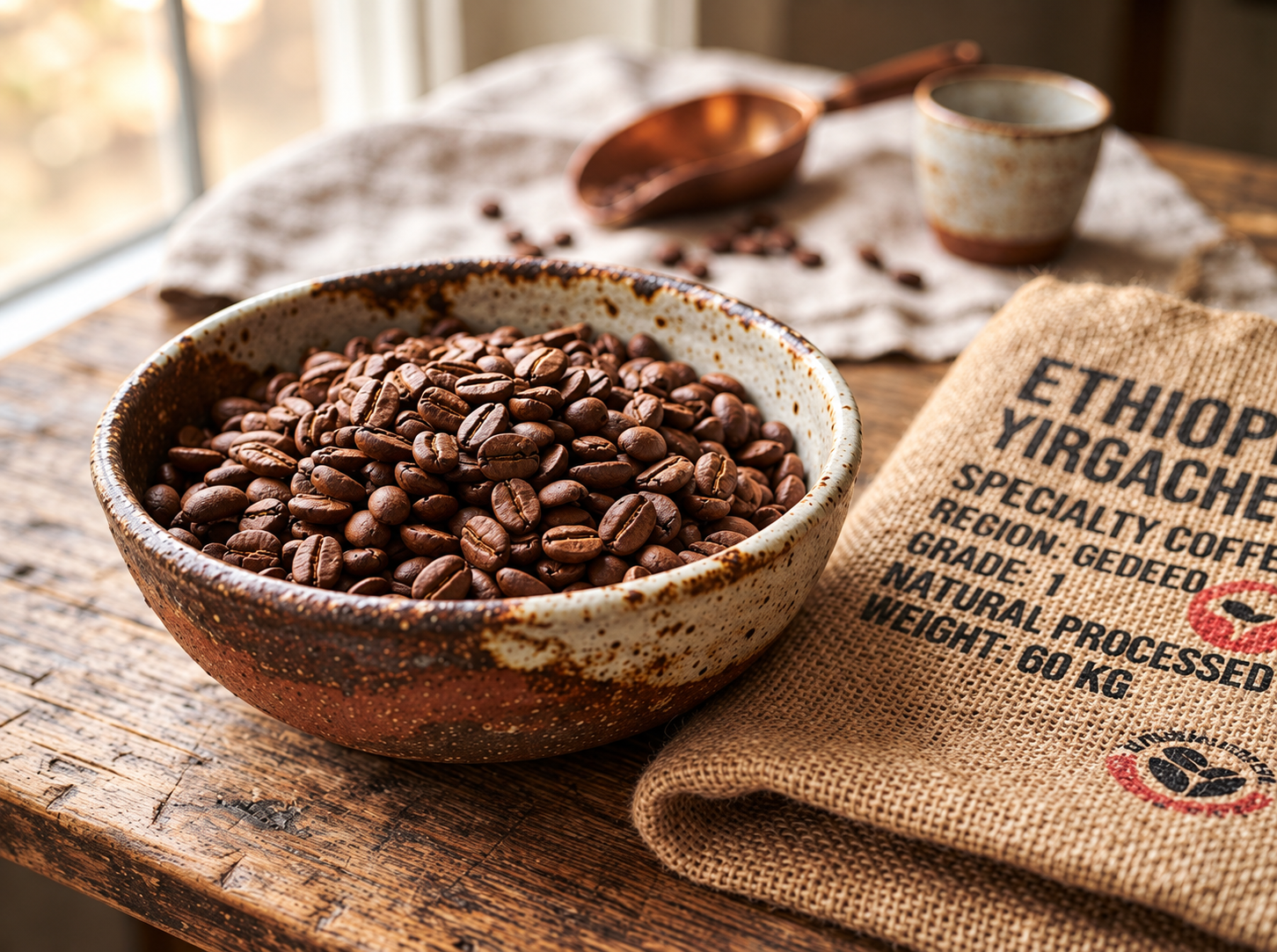 Ethiopian Yirgacheffe coffee beans in a ceramic bowl
