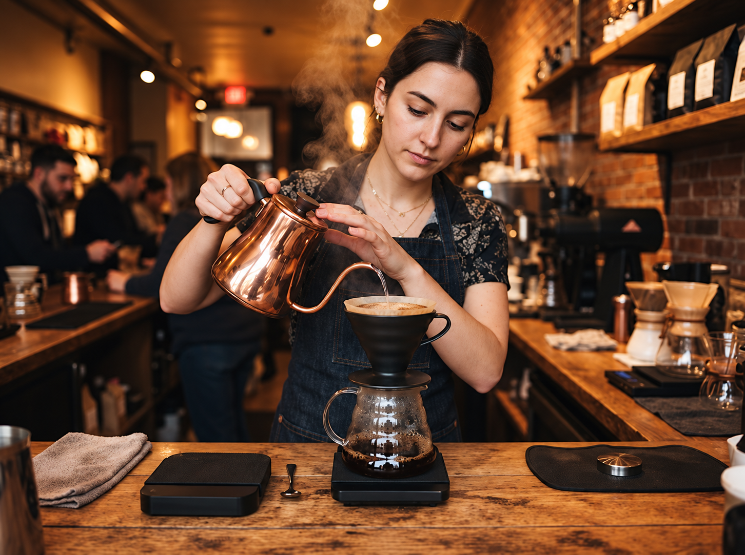 Morning Roast barista performing a manual pour over