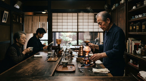 Traditional Kyoto kissaten counter during nel drip preparation