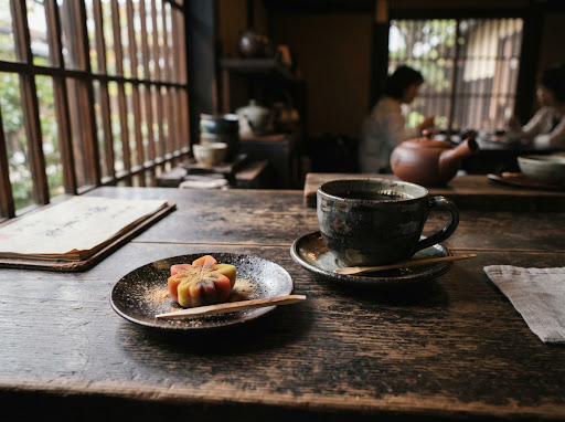 Dark roast coffee and wagashi beside a Kyoto window