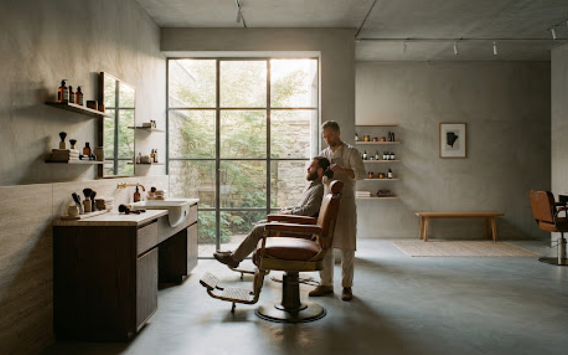 Wide interior view of the Atelier grooming studio
