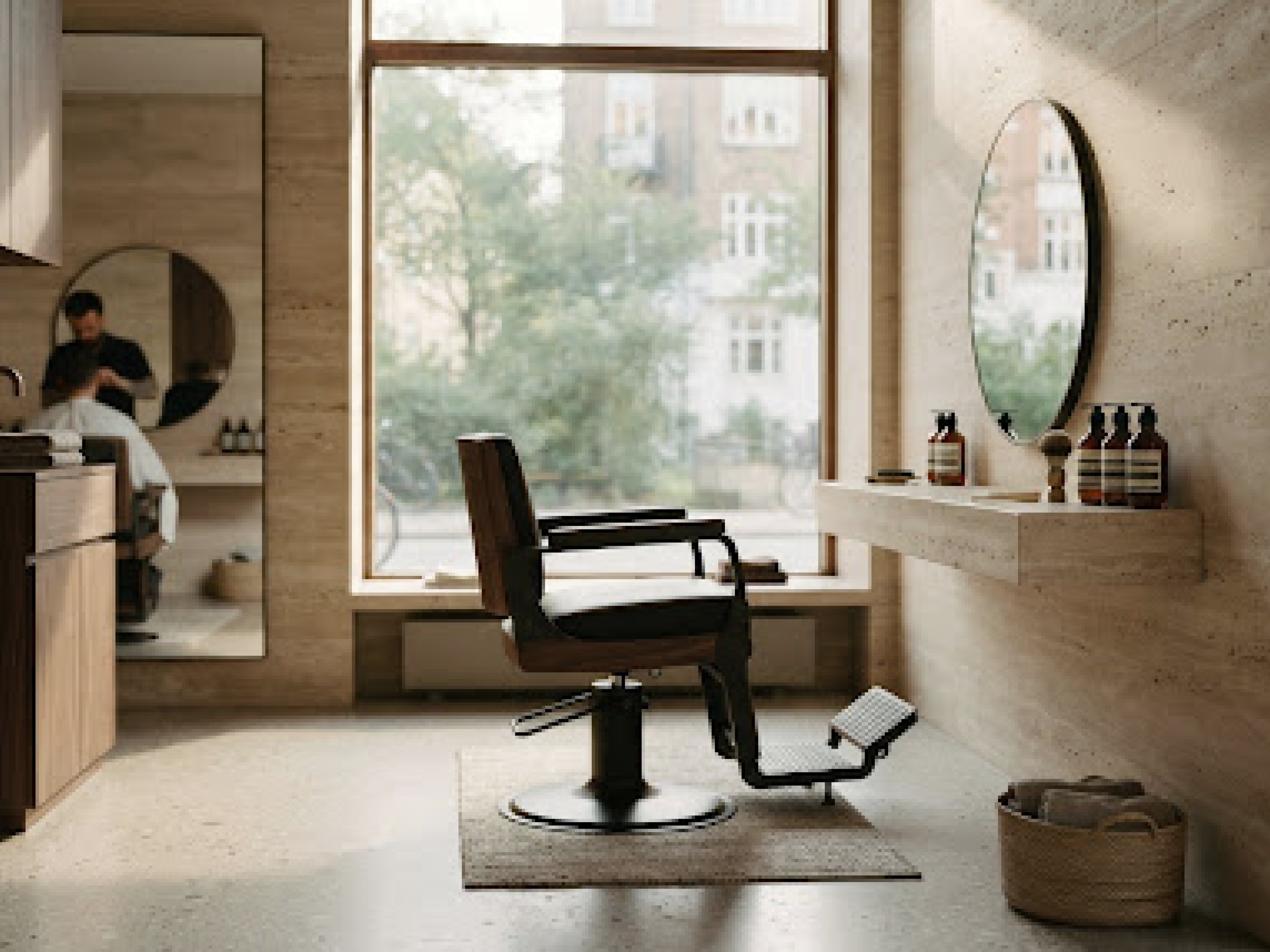 Walnut grooming chair and suspended limestone vanity