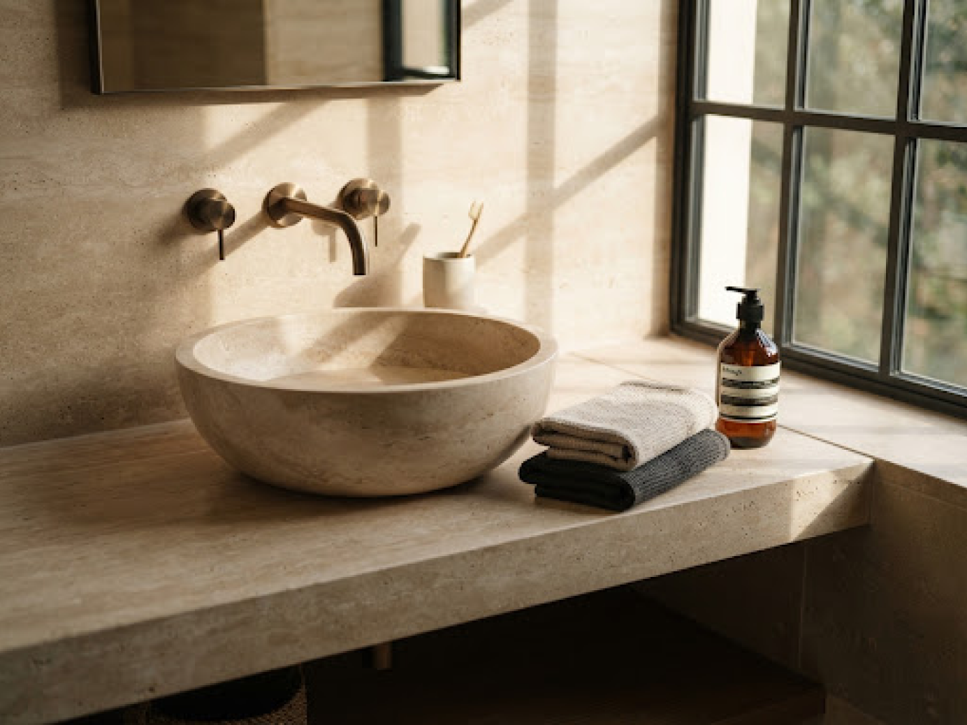 Travertine wash basin and organic linen towels
